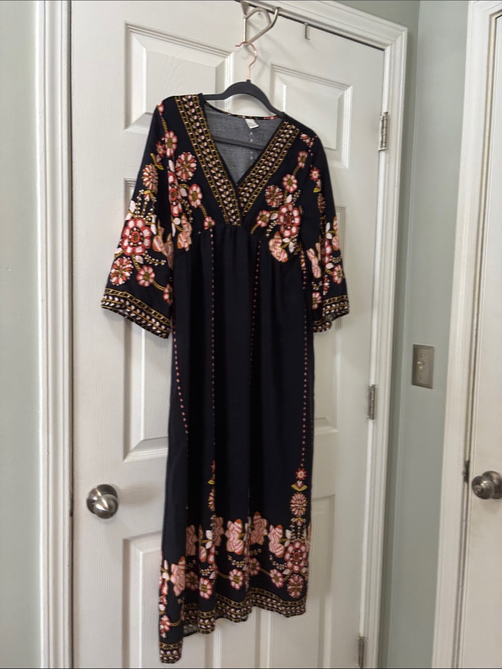 Black Floral Embroidered V-Neck Maxi Dress by